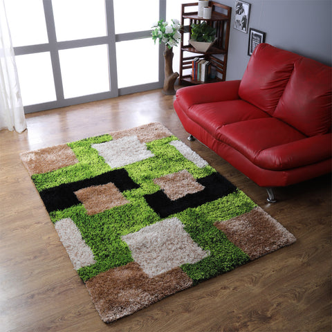 Hand Tufted Shag Polyester Area Rug Geometric Green Beige K00012