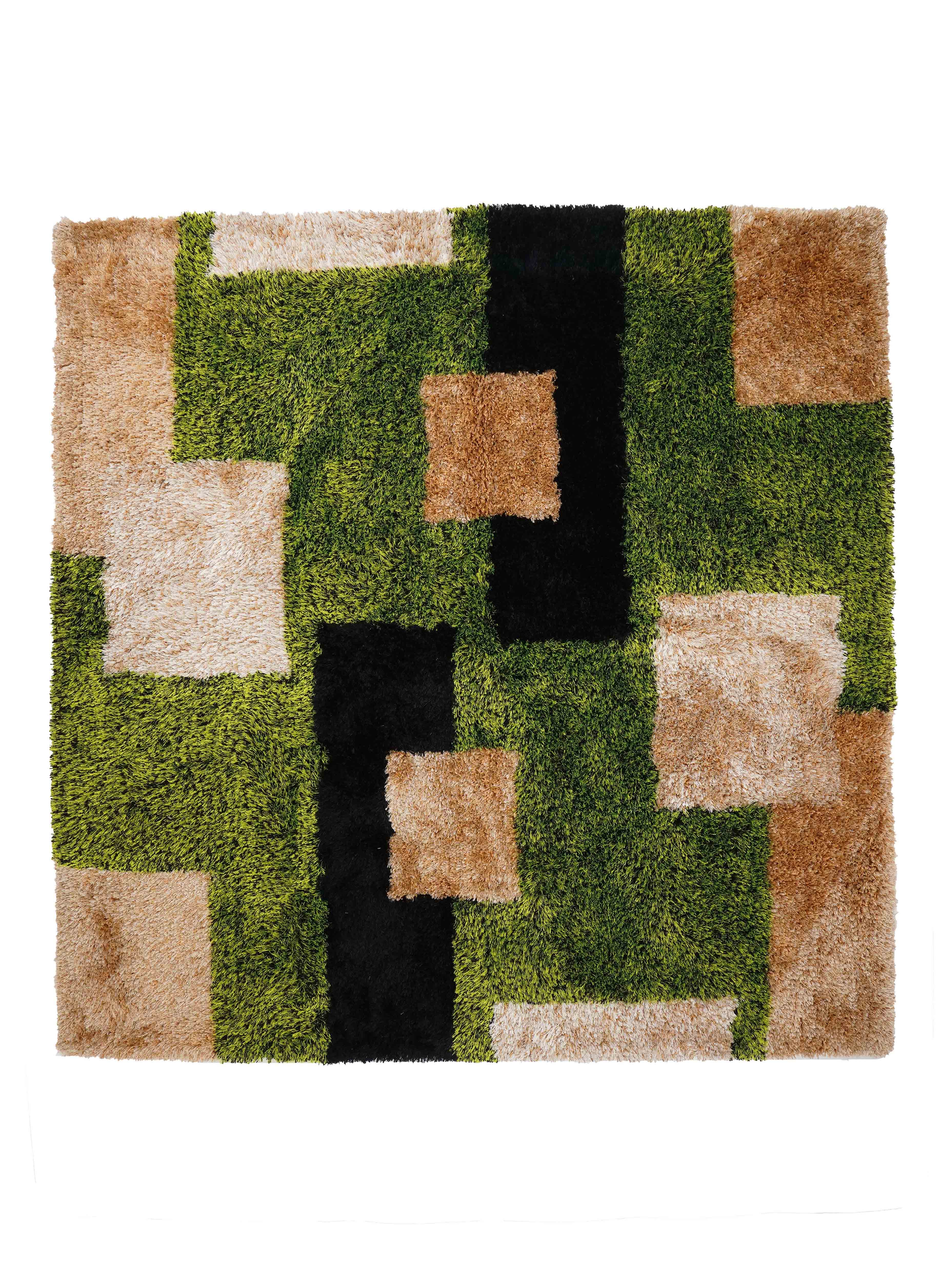 Hand Tufted Shag Polyester Square Area Rug Geometric Green Beige K00012