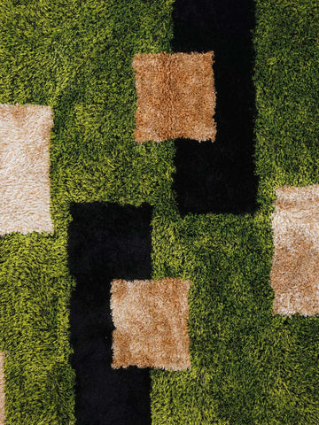 Hand Tufted Shag Polyester Square Area Rug Geometric Green Beige K00012