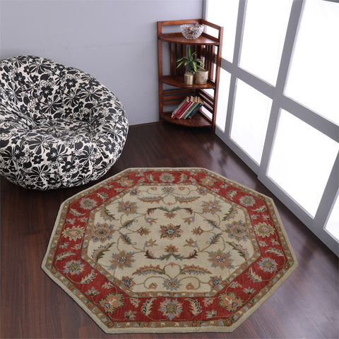 Hand Tufted Wool Octagon Area Rug Oriental Beige Red K00106