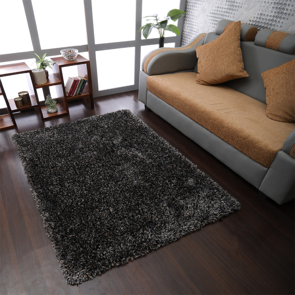 Hand Tufted Shag Polyester Rectangle Area Rug Solid Black Silver K00111