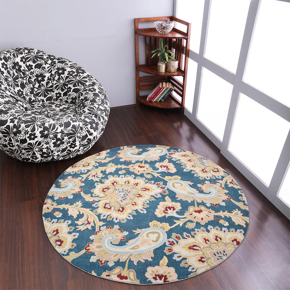 Hand Tufted Wool Round Area Rug Floral Blue K00151