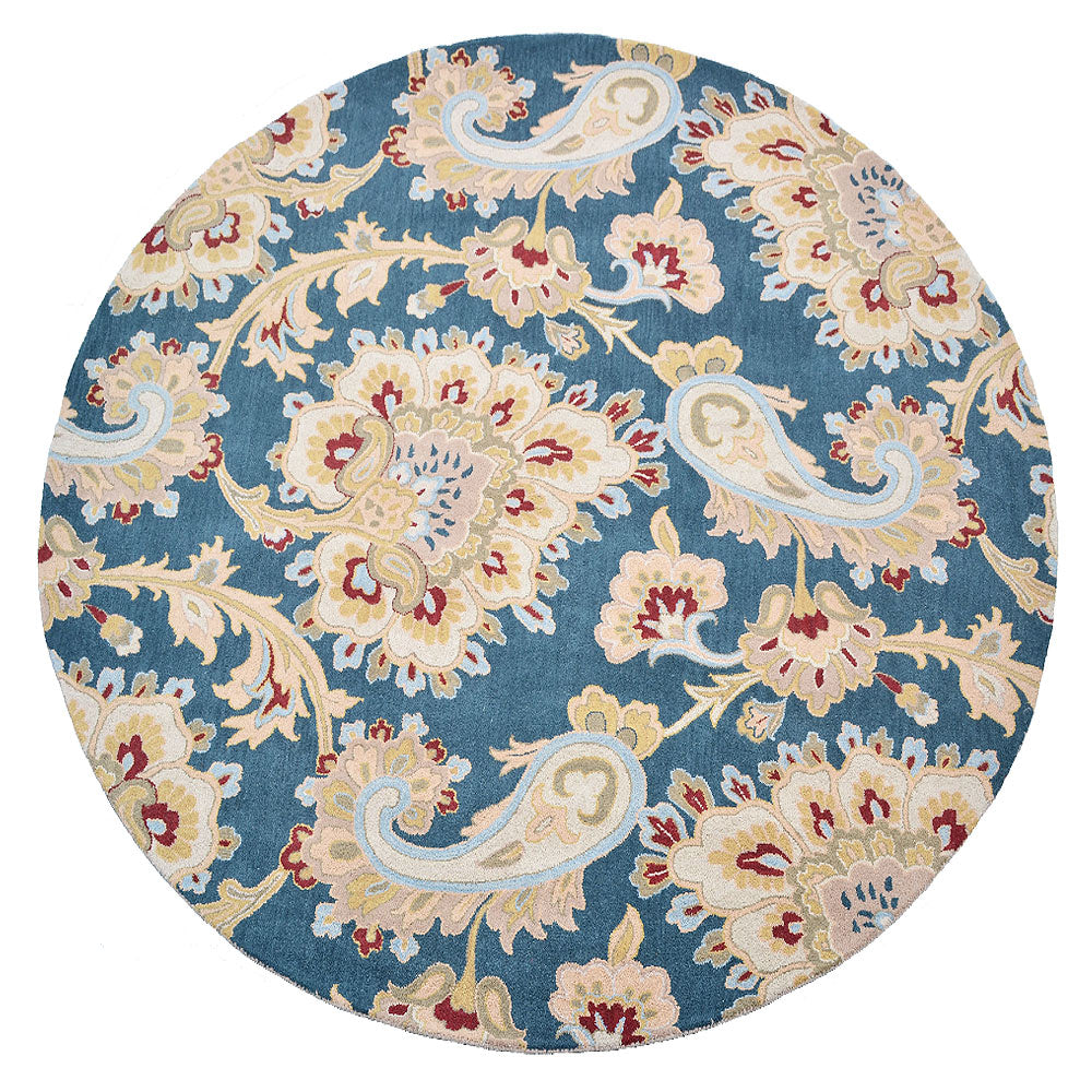 Hand Tufted Wool Round Area Rug Floral Blue K00151