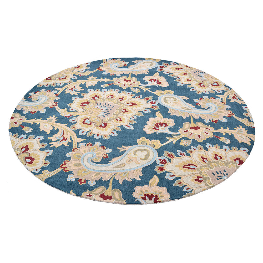 Hand Tufted Wool Round Area Rug Floral Blue K00151