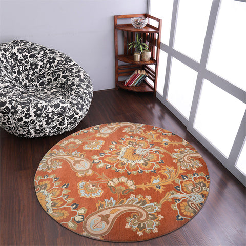 Hand Tufted Wool Round Area Rug Floral Orange K00151