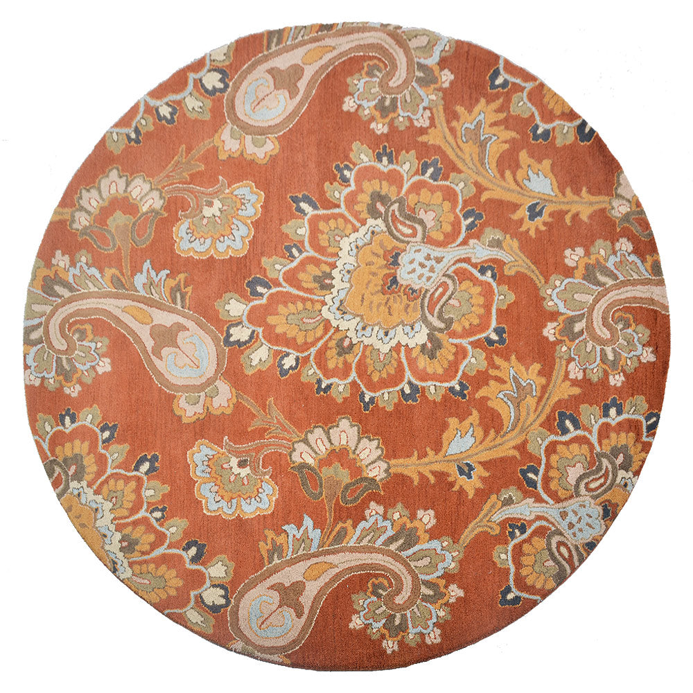 Hand Tufted Wool Round Area Rug Floral Orange K00151