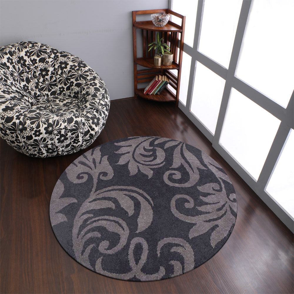 Hand Tufted Wool Round Area Rug Floral Black Gray K00203