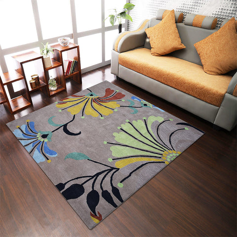 Hand Tufted Wool Square Area Rug Floral Camel K00219