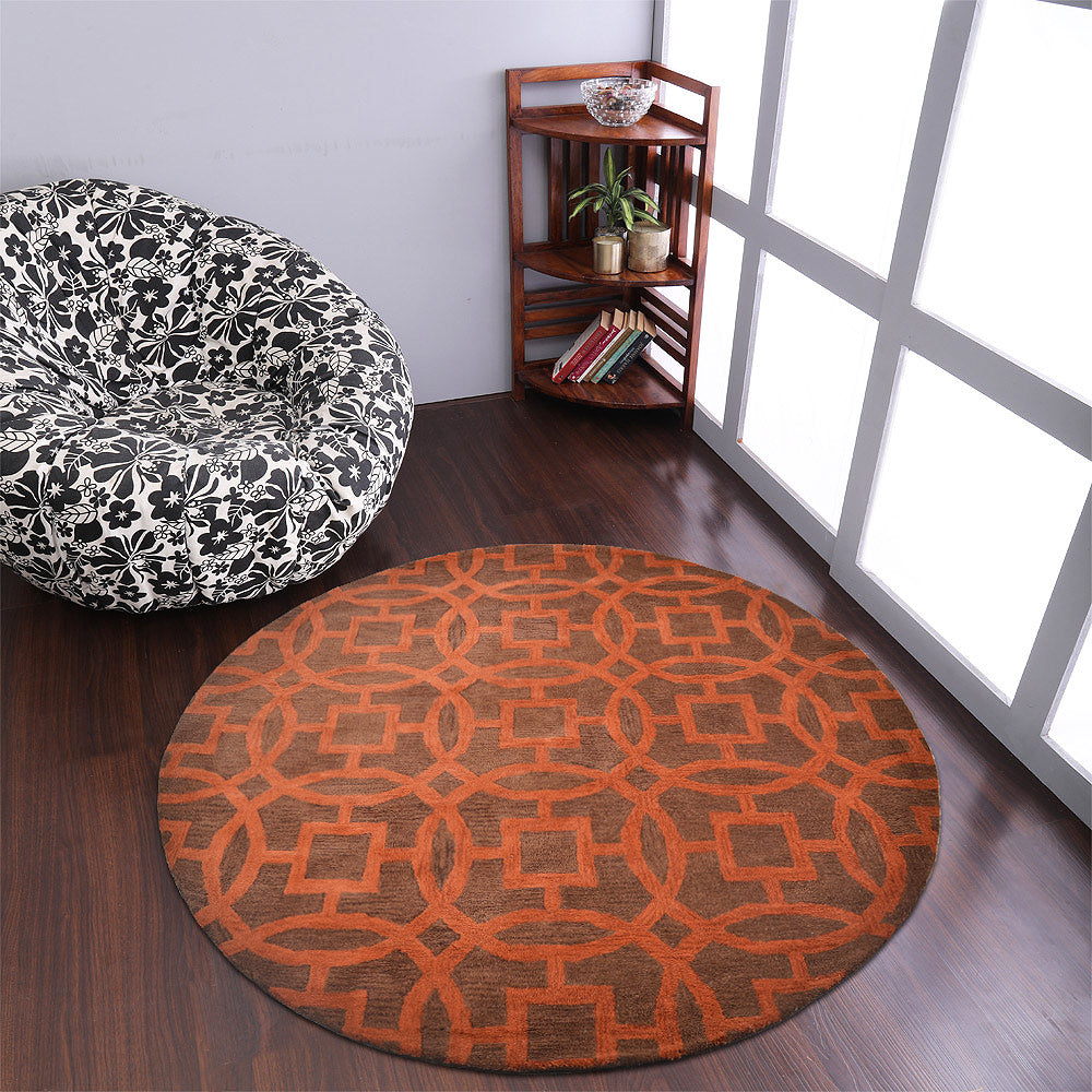 Hand Tufted Wool Round Area Rug Geometric Brown Orange K00239