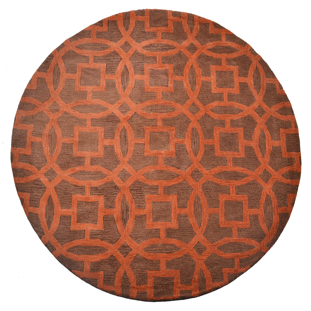 Hand Tufted Wool Round Area Rug Geometric Brown Orange K00239