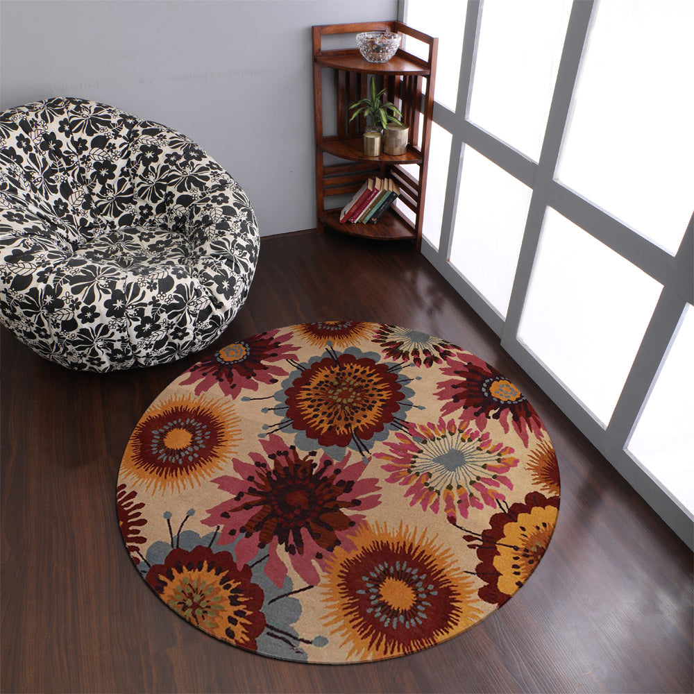 Hand Tufted Wool Round Area Rug Floral Cream K00504
