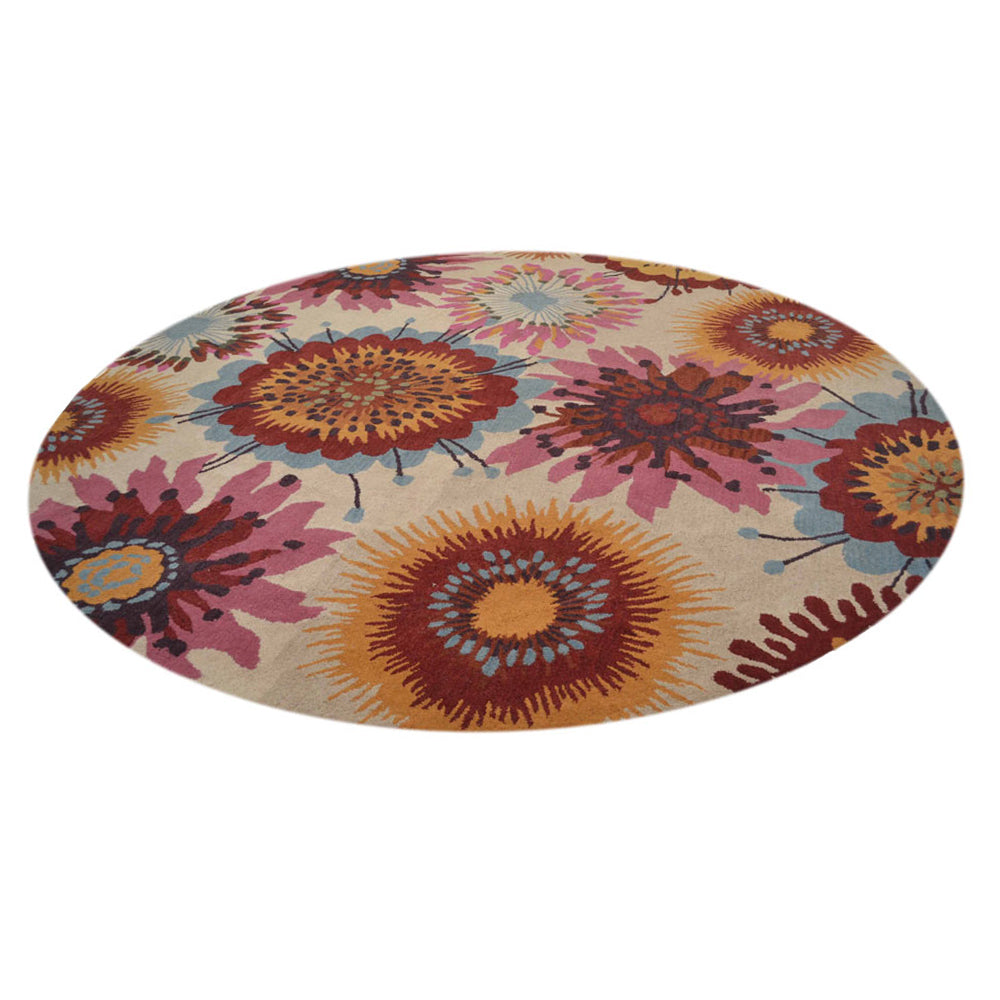 Hand Tufted Wool Round Area Rug Floral Cream K00504