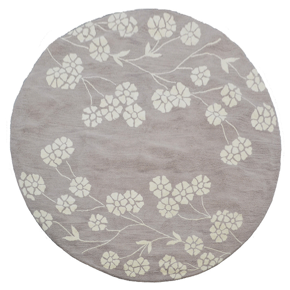 Hand Tufted Wool Round Area Rug Floral Beige White K00513
