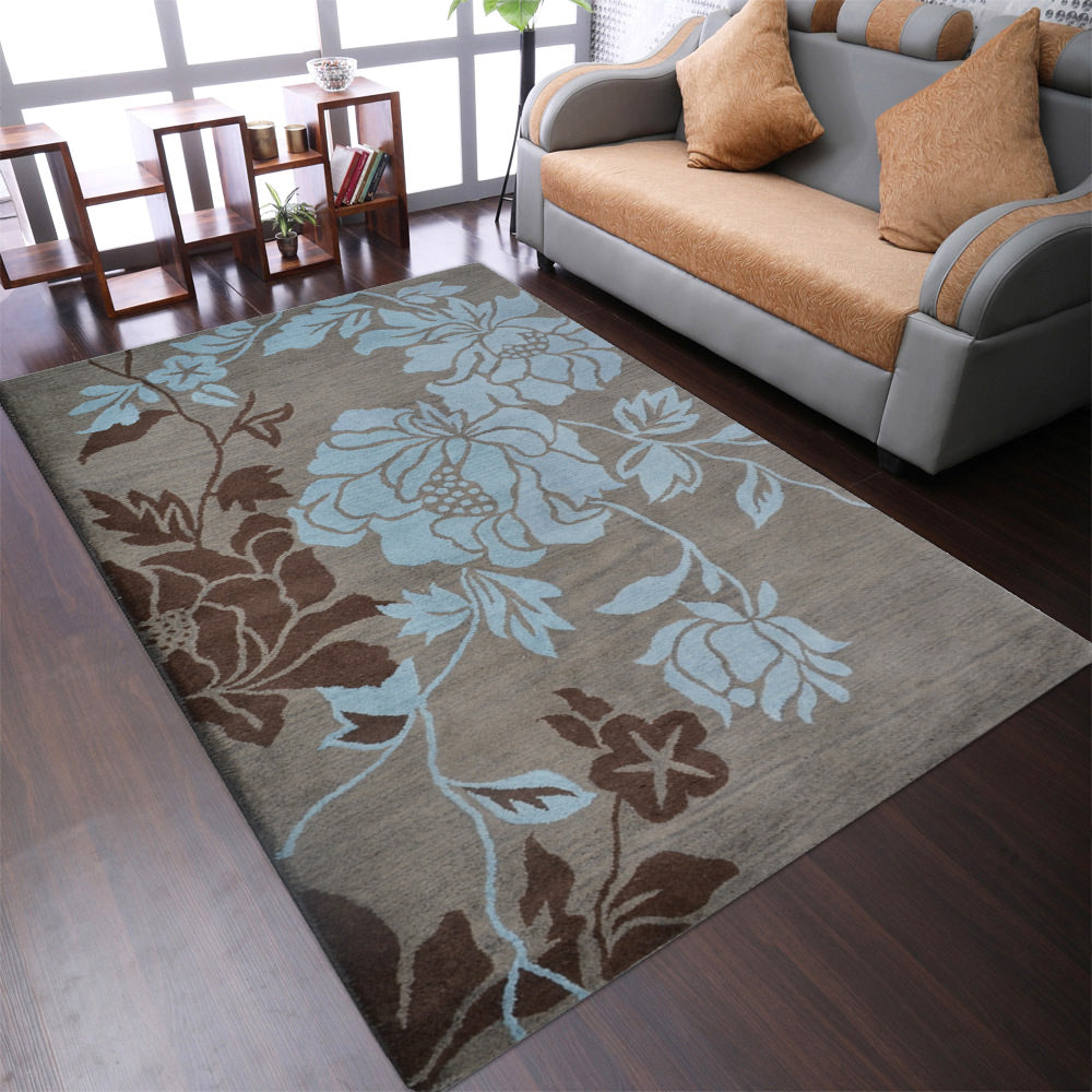 Hand Tufted Wool Area Rug Floral Gray Blue K00514