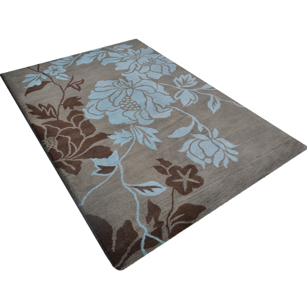 Hand Tufted Wool Area Rug Floral Gray Blue K00514