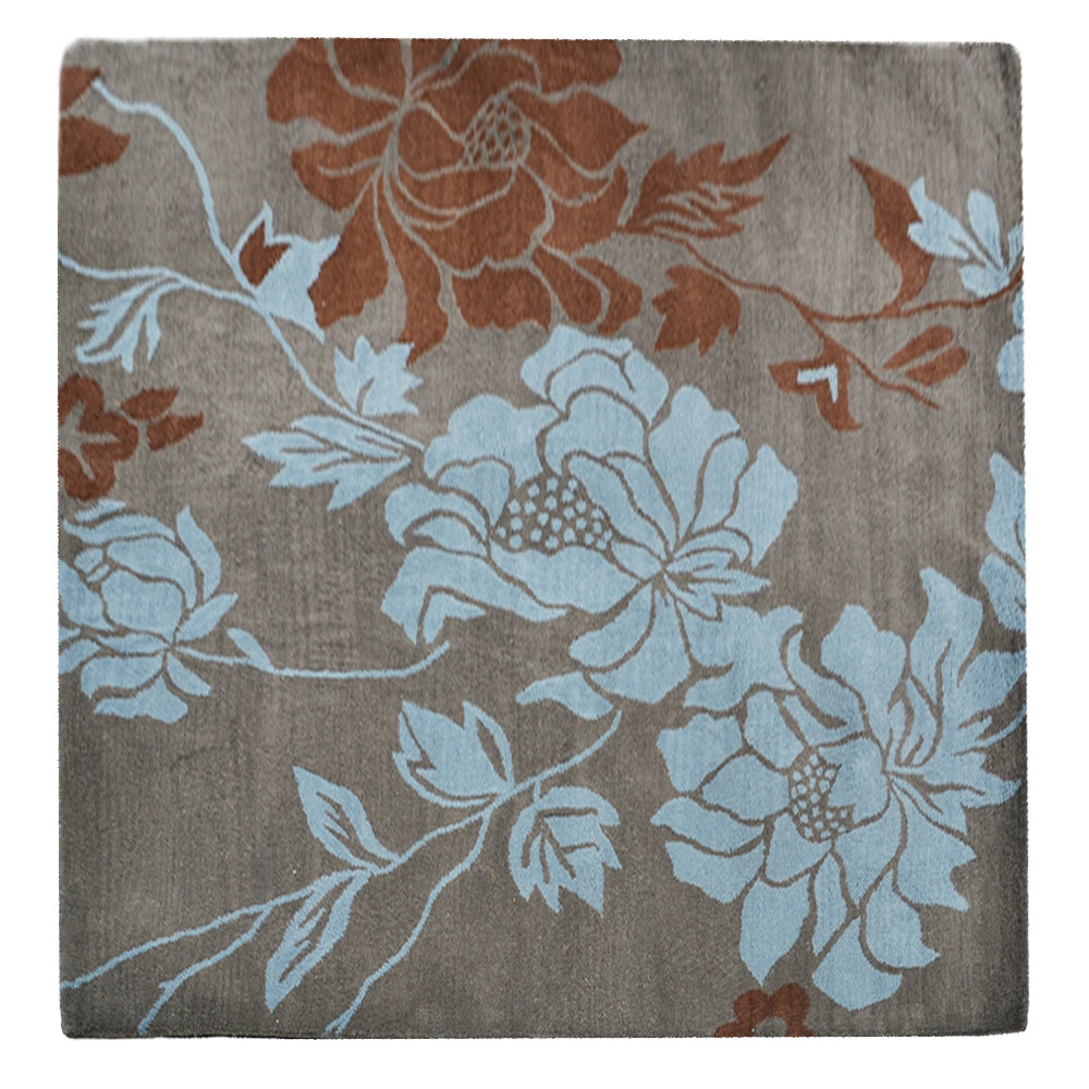 Hand Tufted Wool Square Area Rug Floral Gray Blue K00514