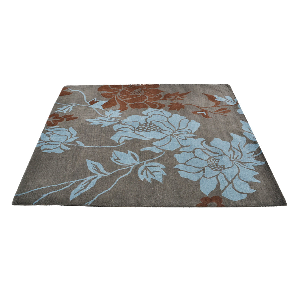 Hand Tufted Wool Square Area Rug Floral Gray Blue K00514