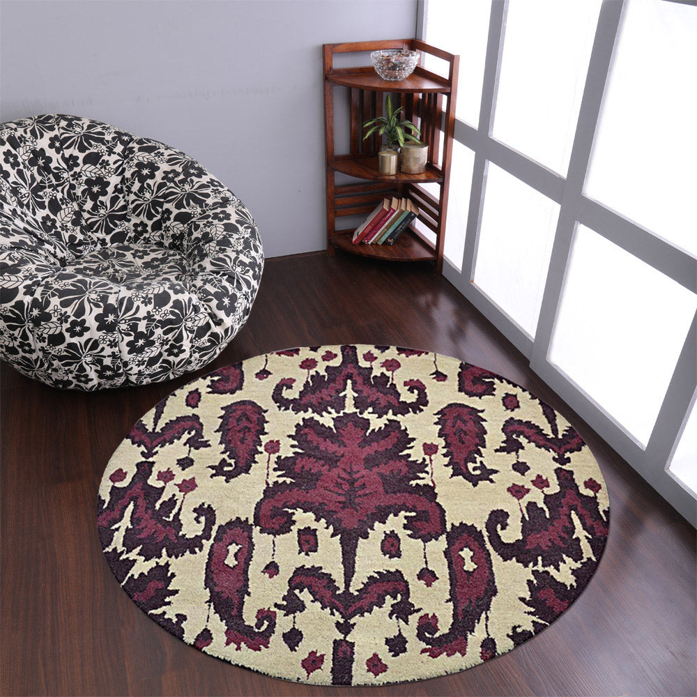 Hand Tufted Wool Round Area Rug Floral Cream Brown K00517