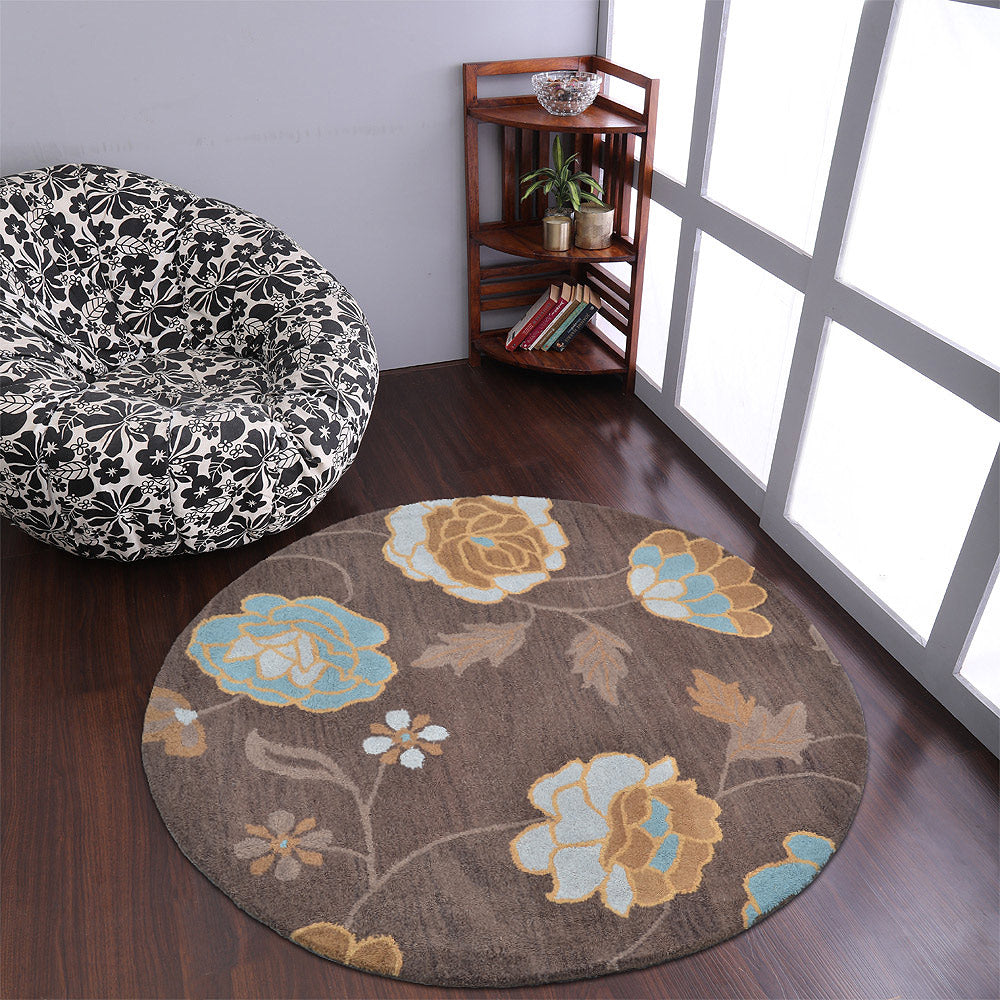 Hand Tufted Wool Round Area Rug Floral Brown K00518