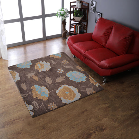Hand Tufted Wool Square Area Rug Floral Brown K00518