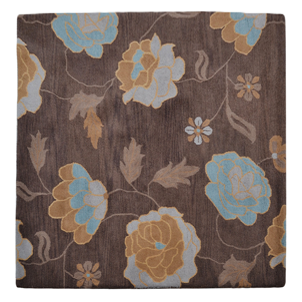 Hand Tufted Wool Square Area Rug Floral Brown K00518