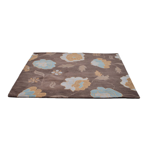 Hand Tufted Wool Square Area Rug Floral Brown K00518