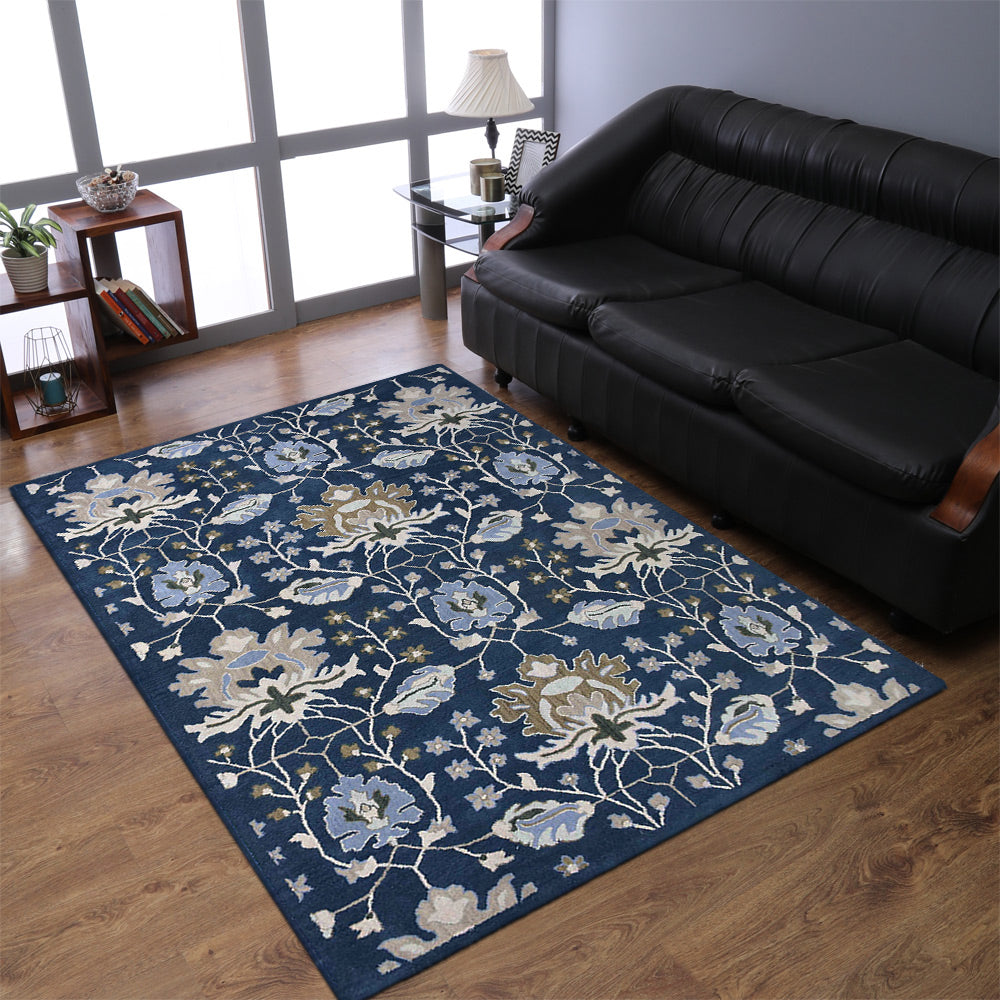 Hand Tufted Wool Rectangle Area Rug Floral Blue K00522