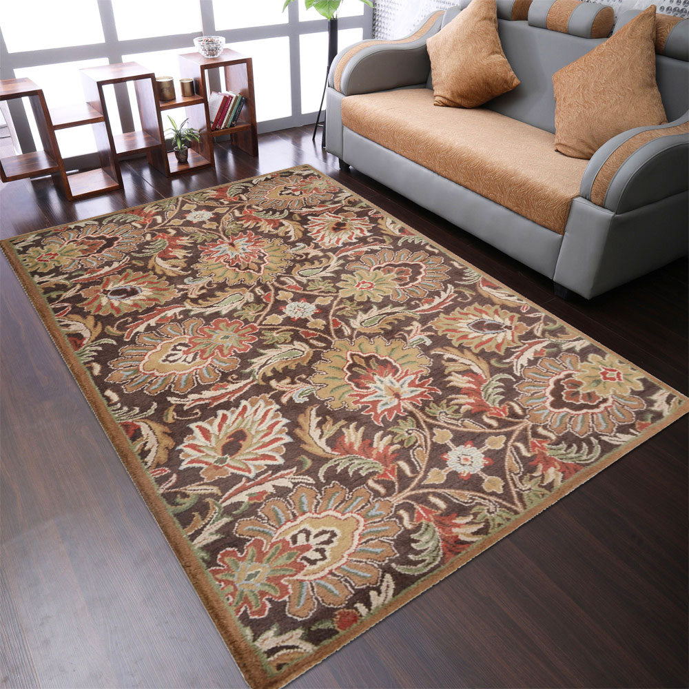 Hand Tufted Wool Area Rug Floral Brown K00540