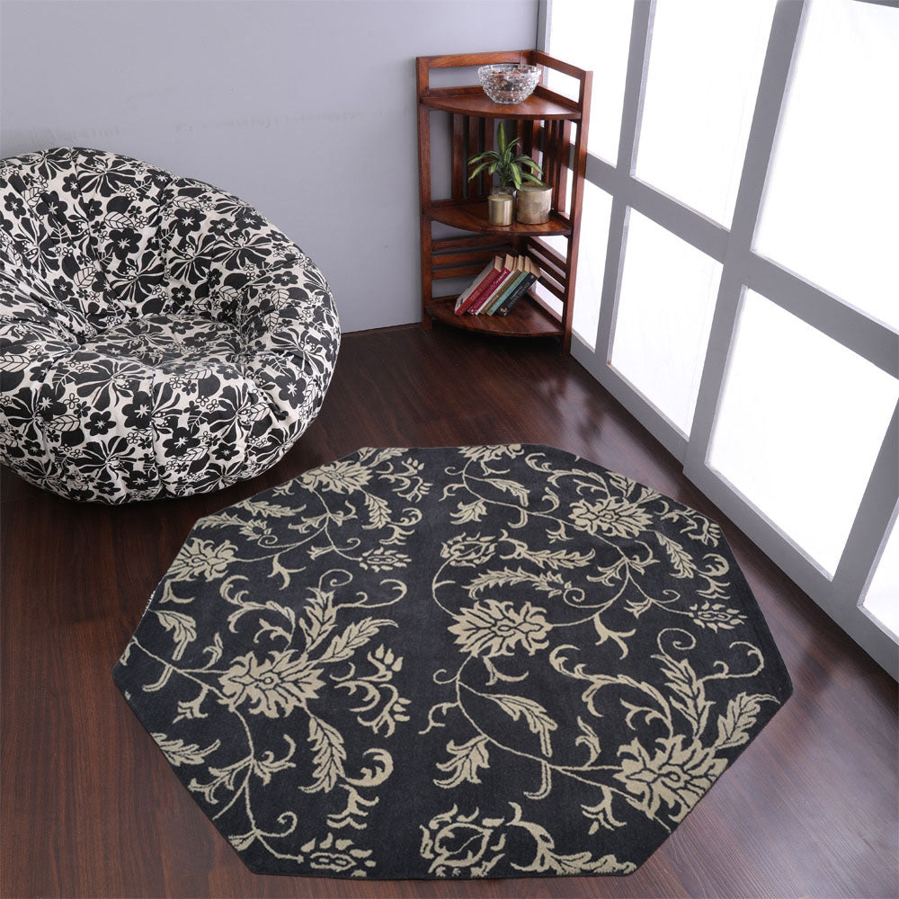 Hand Tufted Wool Octagon Area Rug Floral Charcoal Beige K00542