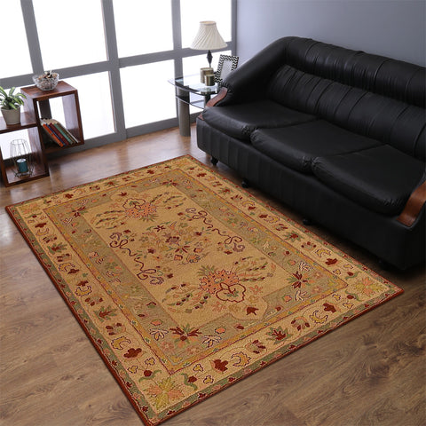 Hand Tufted Wool Area Rug Oriental Cream Green K00635
