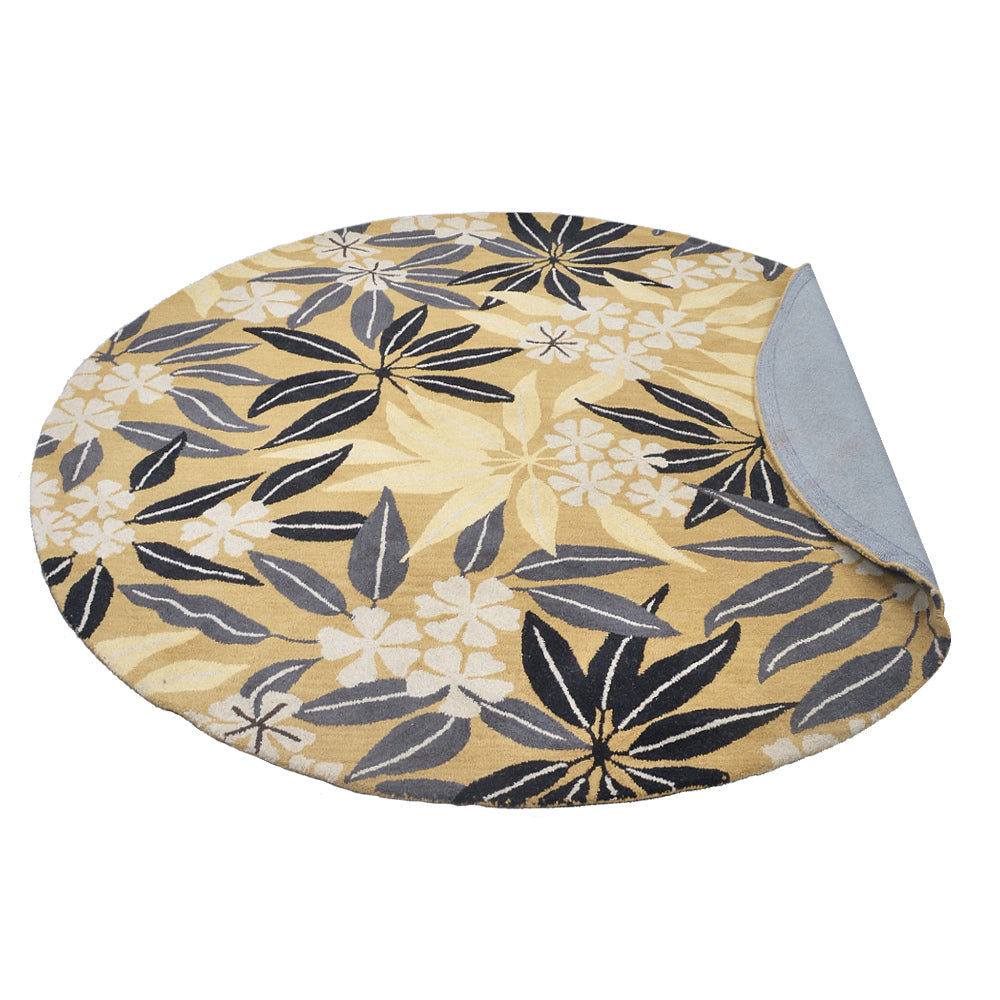 Hand Tufted Wool Round Area Rug Floral Gold K00651