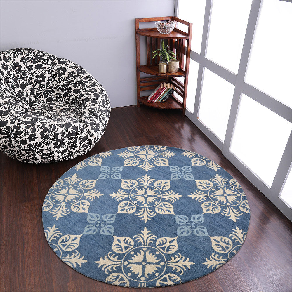 Hand Tufted Wool Round Area Rug Floral Blue K00661