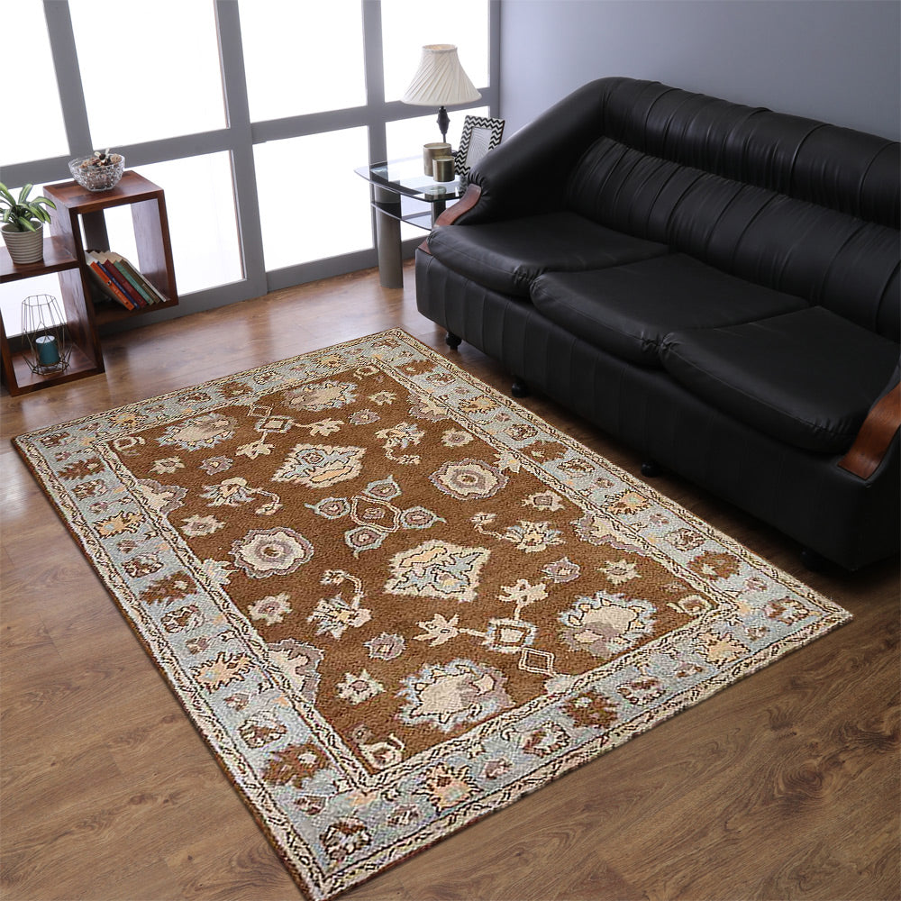 Hand Tufted Wool Area Rug Oriental Brown Light Blue K00674