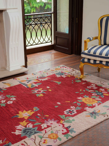 Hand Tufted Wool Rectangle Area Rug Floral Red Camel K00685