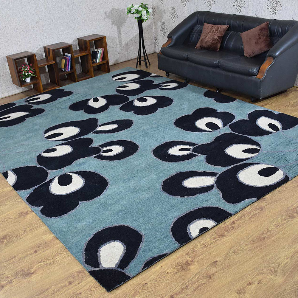 Hand Tufted Wool Area Rug Floral Blue K00718