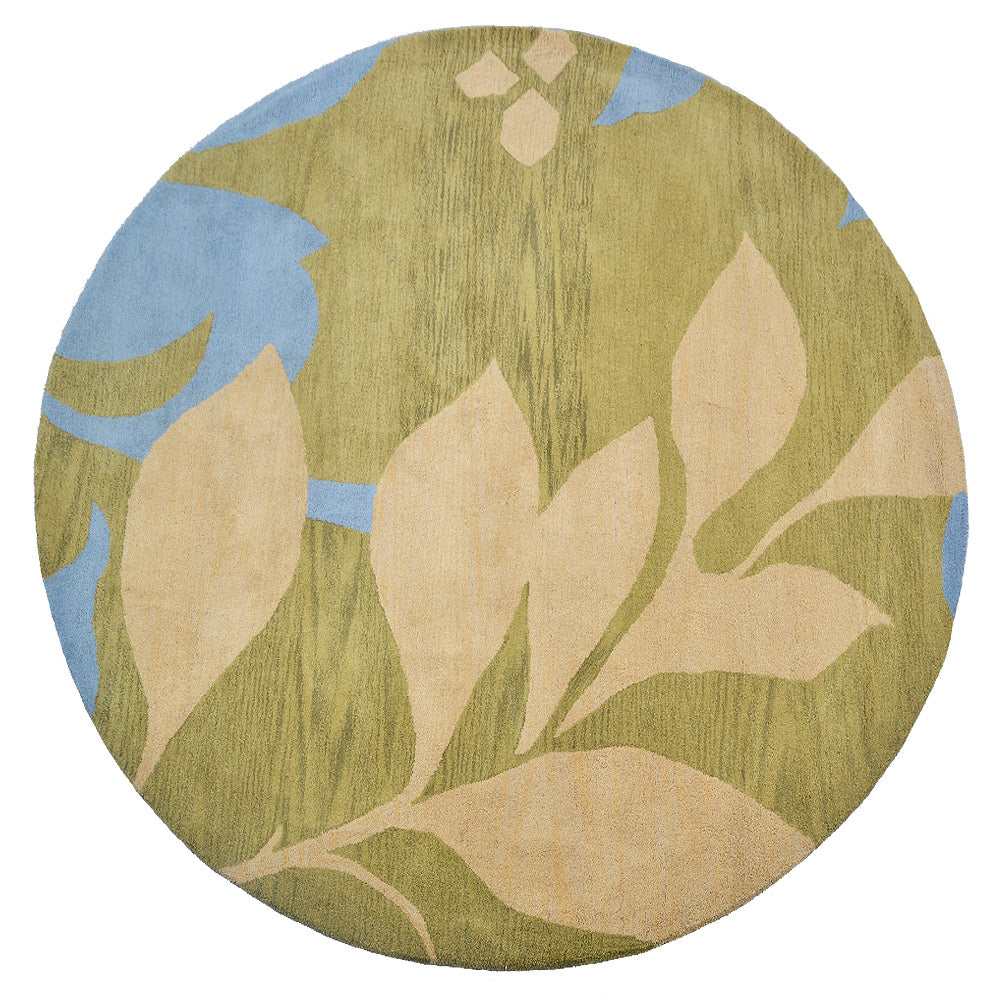 Hand Tufted Wool Round Area Rug Floral Green K00719