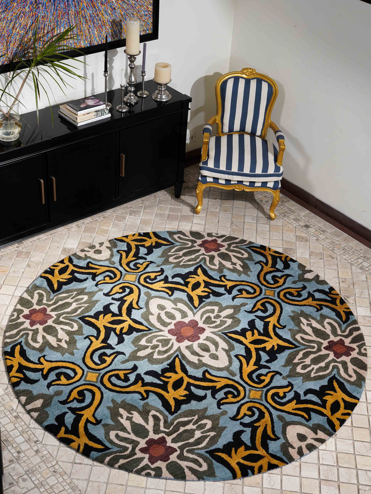 Hand Tufted Wool Round Area Rug Floral Blue K00722
