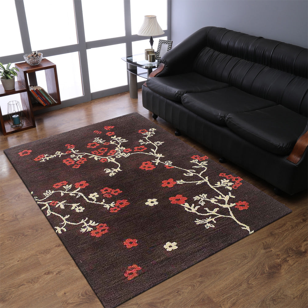 Hand Tufted Wool Area Rug Floral Brown K00916