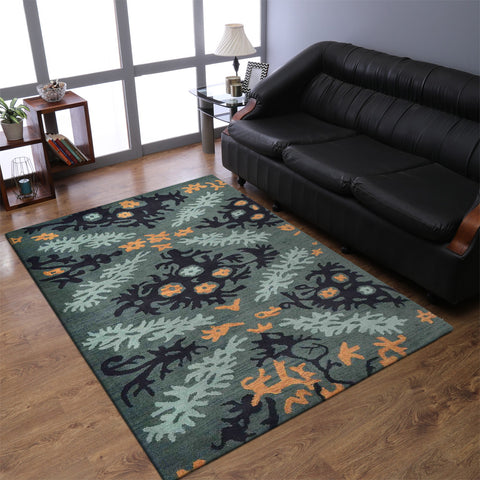 Hand Tufted Wool Area Rug Floral Black Green K00920