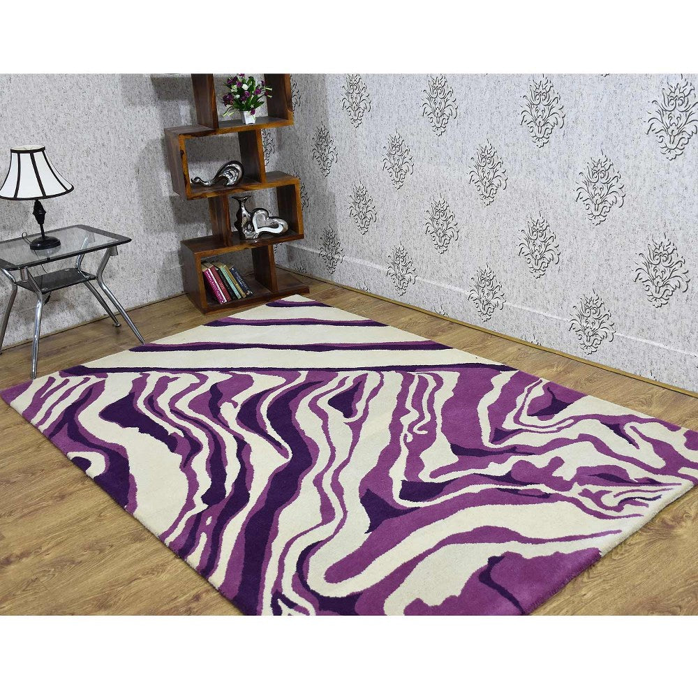 Hand Tufted Wool Area Rug Abstract Cream Purple K03104