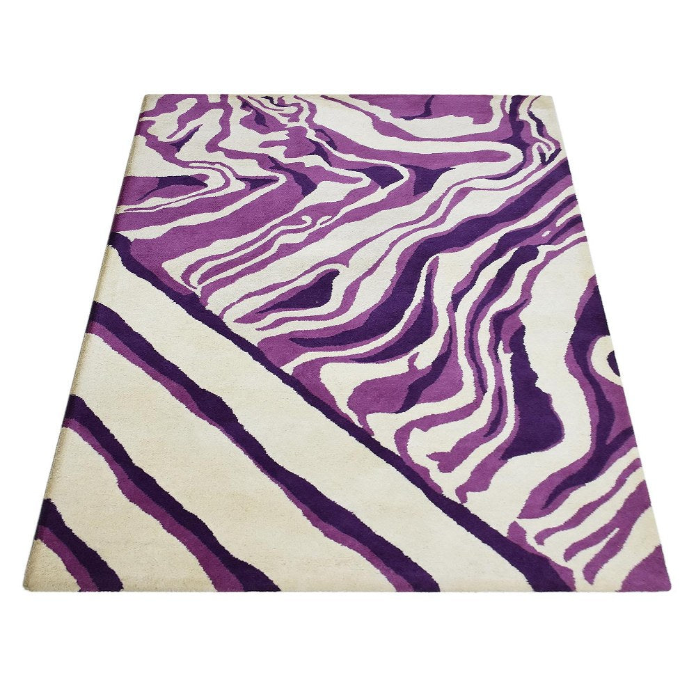 Hand Tufted Wool Area Rug Abstract Cream Purple K03104