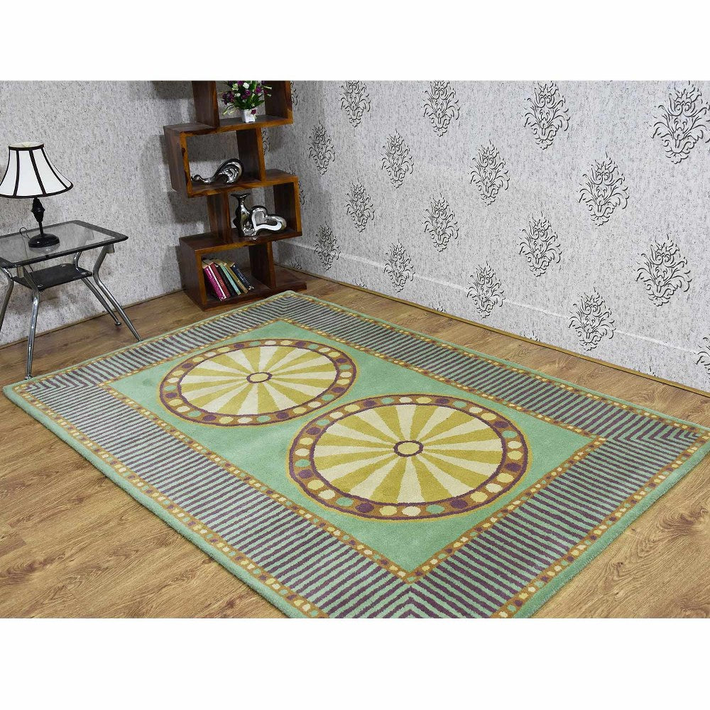 Hand Tufted Wool Area Rug Geometric Green Brown K03111