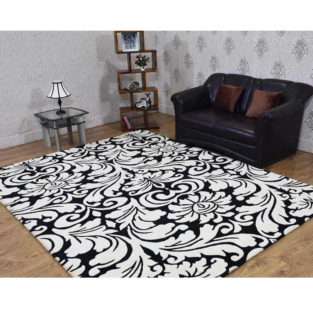 Hand Tufted Wool Area Rug Floral White Black K03142