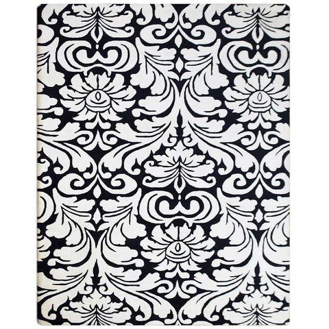 Hand Tufted Wool Area Rug Floral White Black K03142