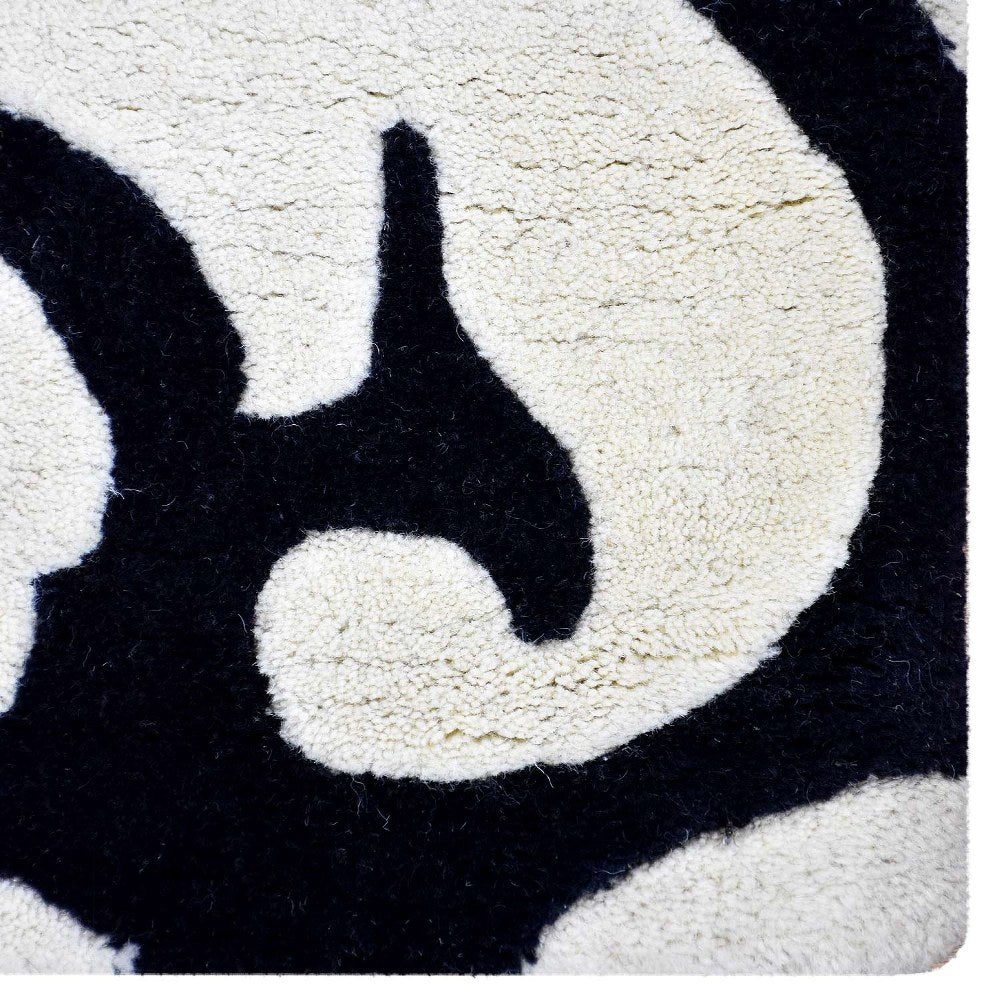 Hand Tufted Wool Area Rug Floral White Black K03142