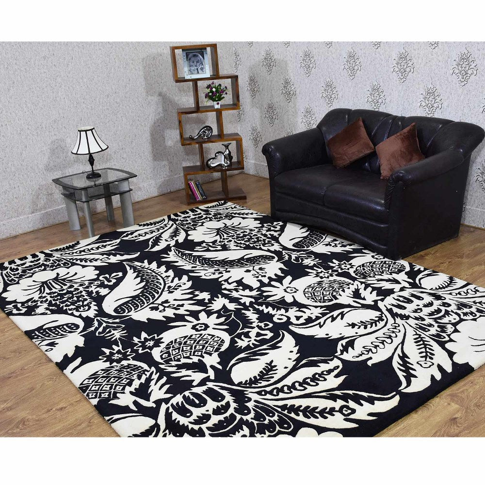 Hand Tufted Wool Area Rug Floral White Black K03143