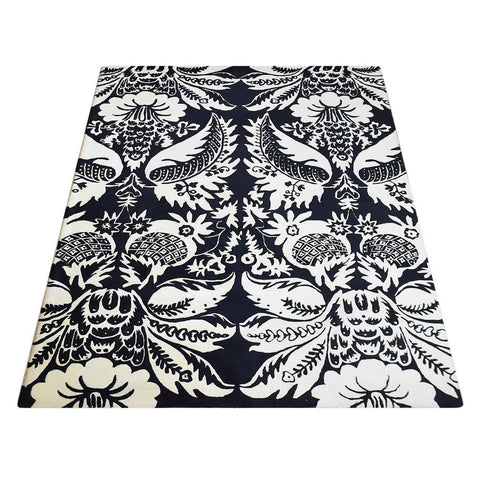 Hand Tufted Wool Area Rug Floral White Black K03143