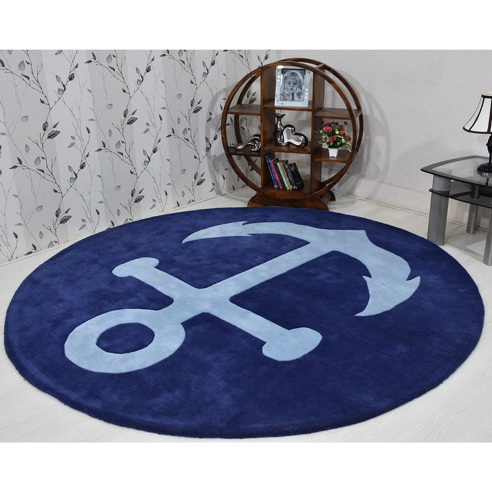 Hand Tufted Wool Round Area Rug Contemporary Blue Silver K03145