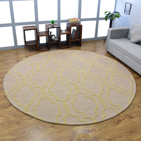 Hand Tufted Wool Round Area Rug Geometric Beige Gold K09014
