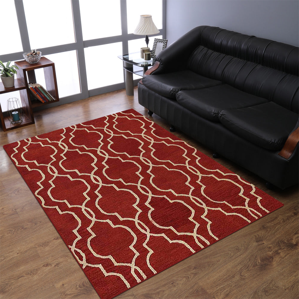 Hand Tufted Wool Area Rug Geometric Red Beige K09014